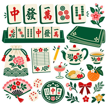 Modern Mahjong Game Clipart Set with Tiles, Accessories, Flowers and Asian Folk Elements