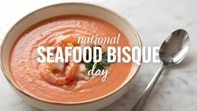 Creamy seafood bisque soup in a bowl for national seafood bisque day celebration