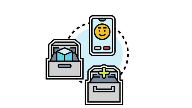 Malleability concept showing a smartphone with a happy emoji connecting to adaptable data boxes. Representing flexible digital solutions. Change management