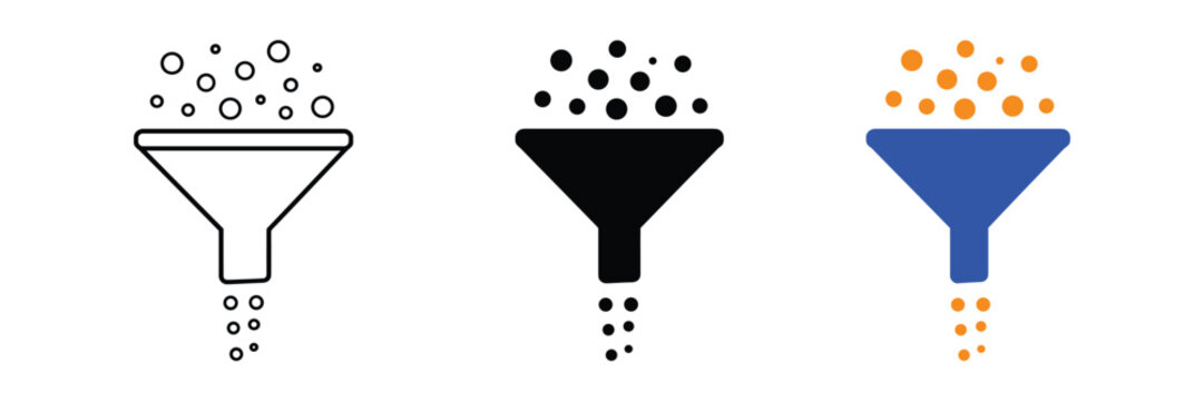 Funnel icon set with data filtering process symbols in outline silhouette and color