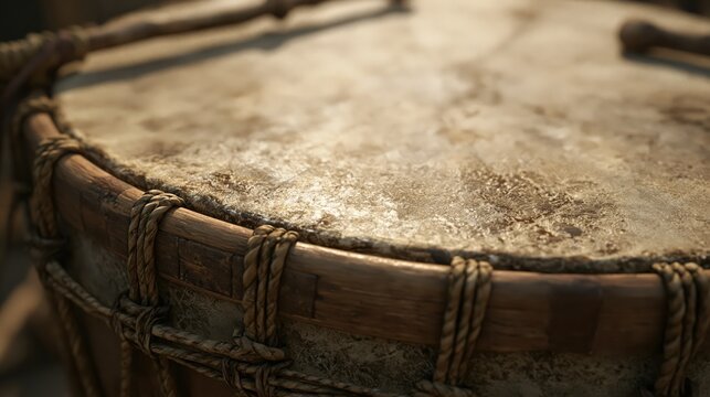 Close-up of a tribal drumhead with selective focus during a ritualistic performance