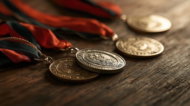 Close up of gold and silver medals with red ribbons on a rustic wooden surface