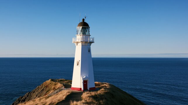 Coastal lighthouse standing tall on a grassy headland against a clear blue sky and calm ocean during golden hour