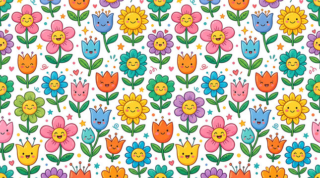 Cheerful cartoon flowers with smiling faces in a colorful repeating pattern
