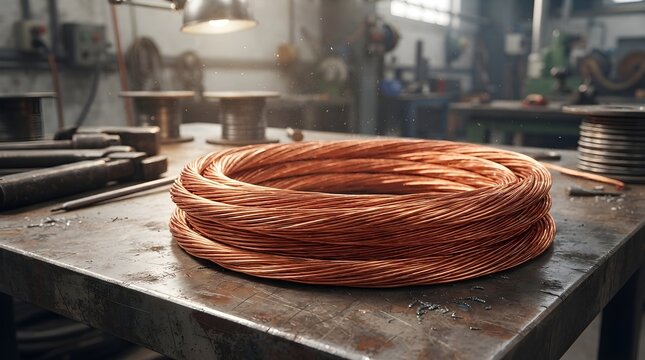 Coiled copper wire bundle on industrial workbench with warm metal strands, workshop tools, rustic surface, electrical material, recycling concept, and professional manufacturing product photography
