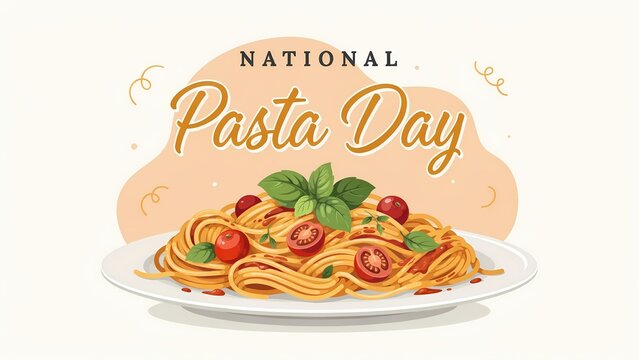 National pasta day celebration sign with a delicious plate of spaghetti and fresh cherry tomatoes