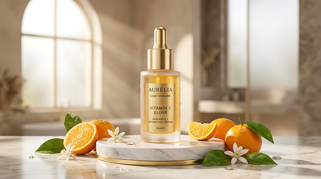 Close-up of a glass dropper bottle of citrus facial serum standing on a marble pedestal with fresh oranges in a bright bathroom