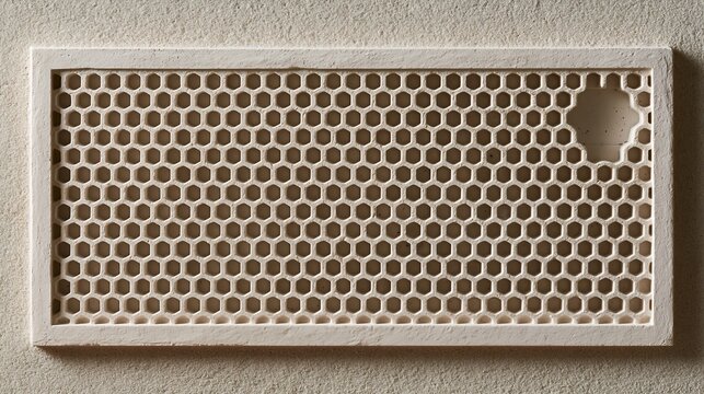 A rectangular wall frame containing a dense honeycomb pattern of small hexagonal holes, finished in a textured white on a wall