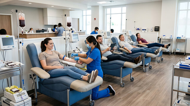 Suspended Blood Donation in Modern Medical Clinic with Multiple Donors During Blood Drive