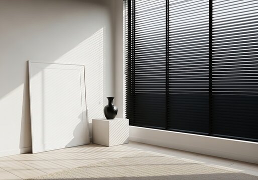 Black vase on a windowsill with blinds