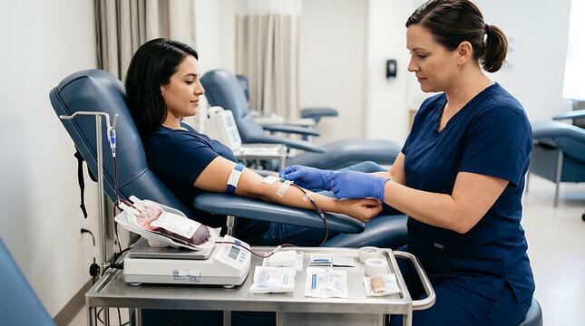 Medical professionals conducting a blood donation procedure in a well-equipped healthcare facility