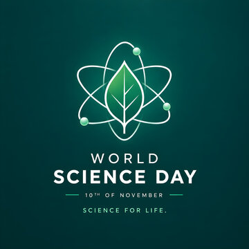 World science day logo featuring an atom structure combined with a natural green leaf icon