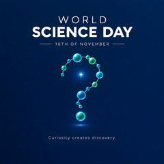 Fototapeta premium World science day dark blue background with a question mark made of glowing molecular structures