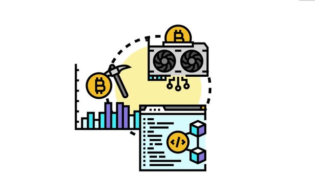 Malicious cryptocurrency mining activity concept a graphics card. A pickaxe with a digital coin. A financial graph. And a browser window with code