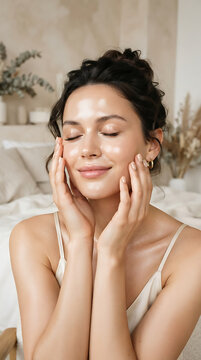 Portrait of a young Caucasian woman with glowing skin touching her face in a bright bedroom