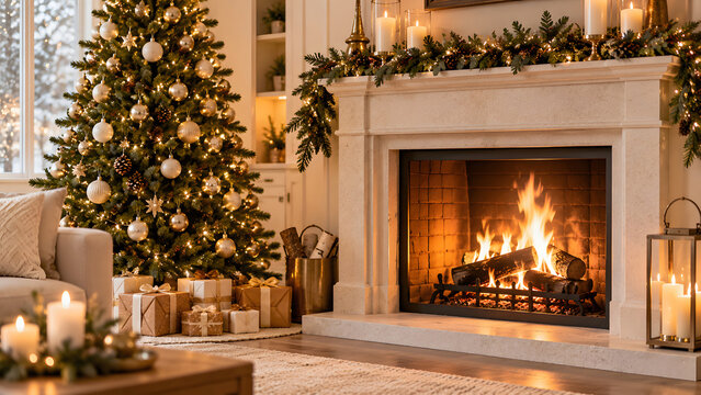 White stone fireplace with a glowing fire, evergreen garland, candles, wrapped gifts, and a decorated Christmas tree creates an elegant neutral holiday living room with soft beige furnishings.