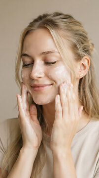Close-up portrait of a young Caucasian woman applying facial cleanser to her skin in a studio setting