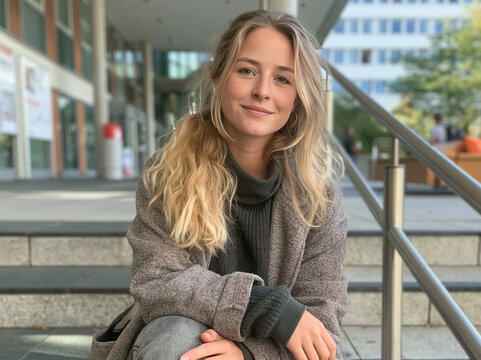 L&auml;chelnde junge Frau mit blonden Locken sitzt auf einer Au&szlig;entreppe, urbane Universit&auml;tsatmosph&auml;re, nat&uuml;rlich und authentisch, ideal f&uuml;r Bildung und Lifestyle.