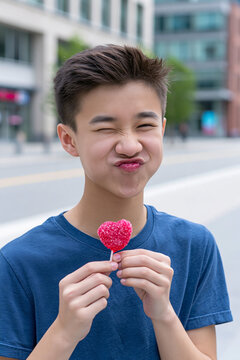 Young Asian boy with short dark hair smiles while holding a heart-shaped lollipop on a city street, modern buildings visible in the background