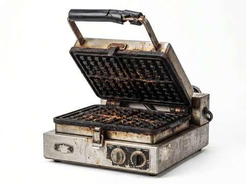 Old, rusty commercial waffle maker isolated on a white background, representing the concept of an ice cream shop and its kitchen appliances.  