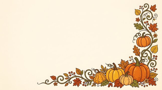 Autumn vector background with pumpkins and leaves corner border and copy space