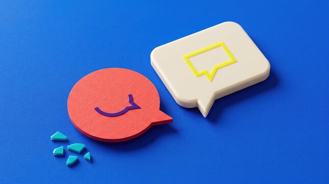Bright red circular speech bubble featuring a curved dark blue line beside a white rectangular chat icon with yellow outlines resting on a vibrant blue background with scattered cyan fragments