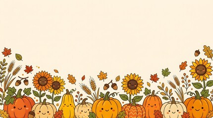 Fototapeta premium Autumn vector background with cute cartoon pumpkins, sunflowers, acorns, and autumn leaves with empty copy space