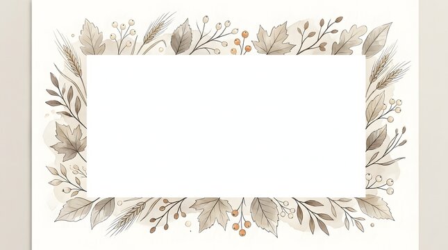 Autumn botanical frame illustration with leaves, wheat, and berries surrounding white copy space