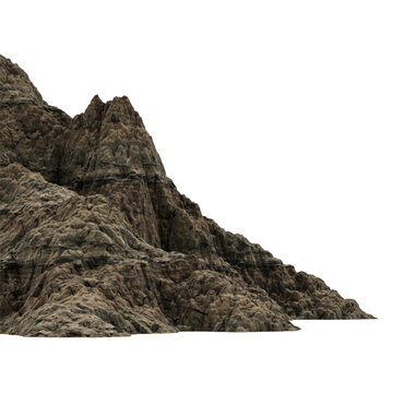 Jagged brown rocky mountain peak with steep slopes and rough texture isolated on a transparent background
