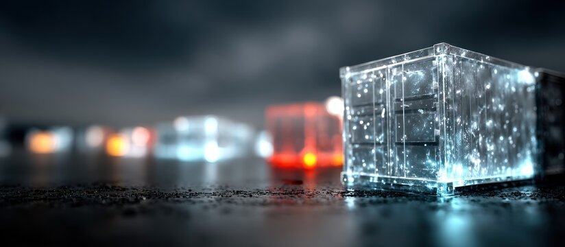 Glowing ice cube on wet surface.