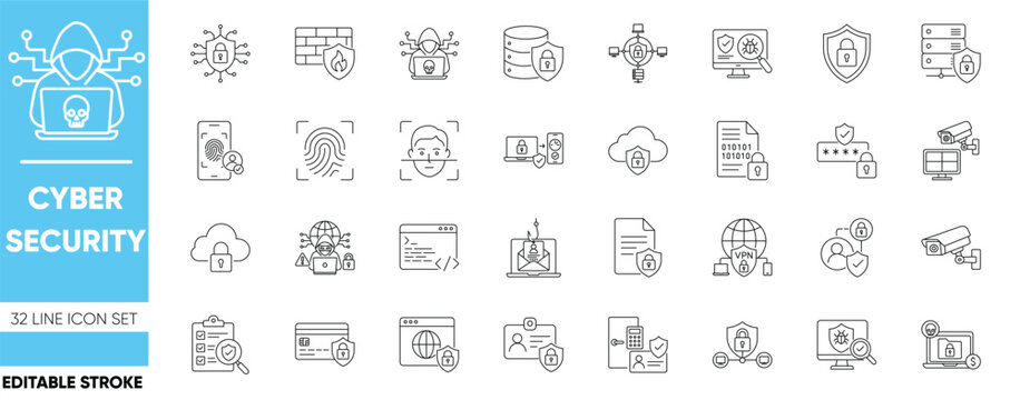  Cyber Security Data Protection Network Privacy Icon Set. Editable vectors for digital encryption, malware analysis, and identity verification.
