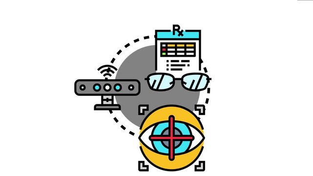 Digital depicting eye care concepts, including an optometry prescription, glasses, an eye tracking device, and focused vision, highlighting modern solutions for visual impairment