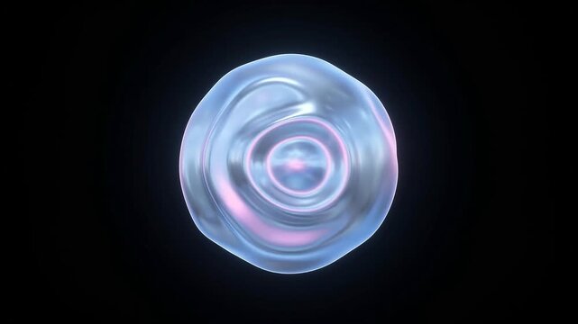 Abstract view of iridescent liquid sphere morphing on black background.