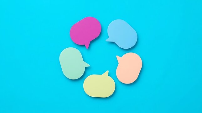 Colorful paper speech bubbles arranged in a circular pattern on a vibrant blue background
