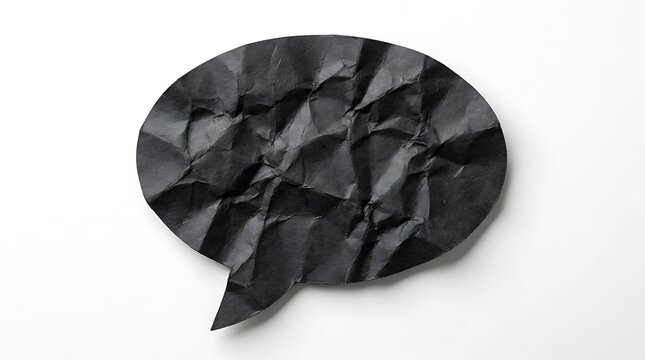 Crumpled black paper speech bubble icon isolated on a white background with soft shadows