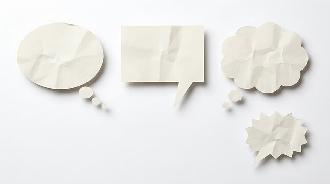 Set of crumpled paper speech and thought bubbles isolated on a white background with copy space
