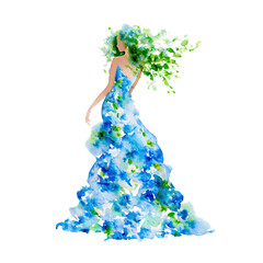 Fototapeta premium Dryad forest nymph in a blue watercolor floral gown with green leafy hair isolated on transparent background PNG element