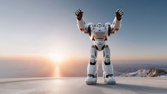 Triumphant Hero Robot Celebrating Victory at Sunrise Hilltop

