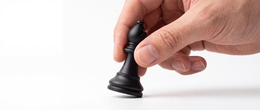 Male hand moving black chess bishop piece on white background represents strategy, target acquisition, and game move.