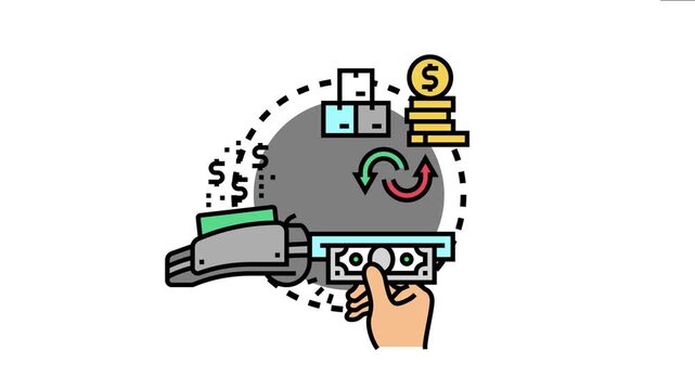 Financial operation concept presenting money exchange, receiving cash at an atm, and making a purchase using a digital payment terminal