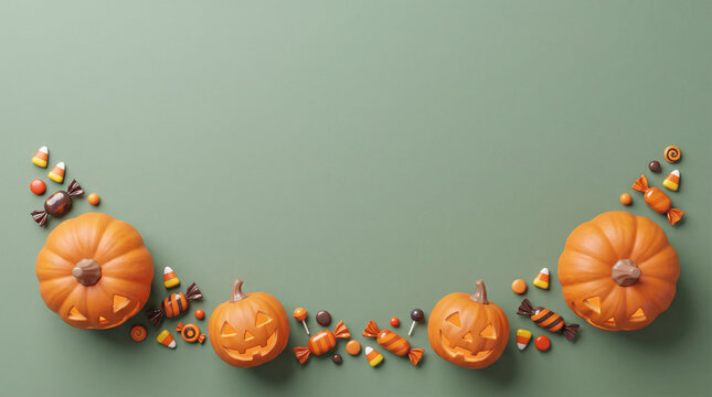 Festive Halloween border background with carved jack-o-lantern pumpkins and colorful candy sweets on green surface transparent