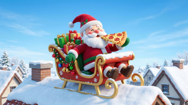 Joyful lazy Christmas Santa Claus rides decorated sleigh above snowy rooftops while holding steaming pizza slice beneath bright blue winter sky, creating playful holiday cheer for families