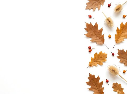Autumn composition with dry oak leaves and berries isolated on white