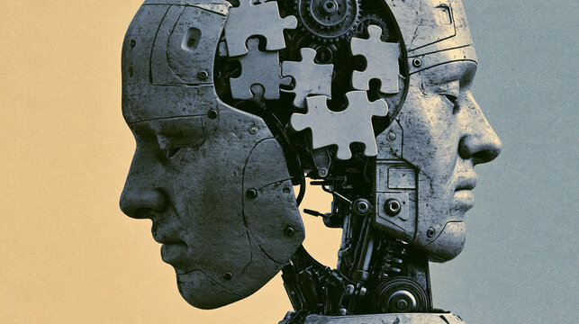 Zwei Profile aus Mensch und Roboter, verbunden durch ein Puzzleteil, warme und k&uuml;hle Farbt&ouml;ne, symbolisch, f&uuml;r Thema Mensch-Maschine-Beziehung.
