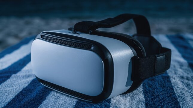 A virtual reality headset rests on a beach towel at night