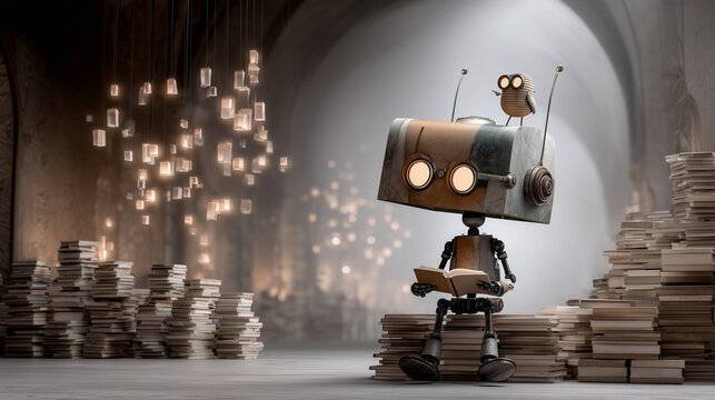 Wise Librarian Robot Reading Holographic Books in Grand Vaulted Library

