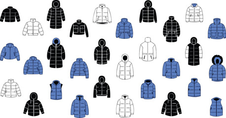 Winter Puffer Jacket Flat Vector Icon Set with Hooded Coats © MdWahid