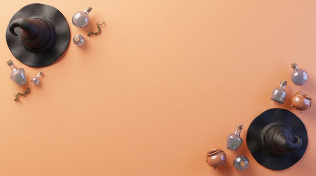 Halloween flat lay with witch hats, magic potions in glass bottles, and cauldrons on orange background isolated on transparent background