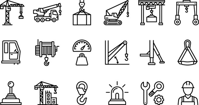 Construction crane and heavy machinery line icons, including lifting equipment, engineering tools, and industrial vehicles