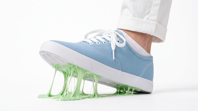 Light blue canvas sneaker stuck in gooey green slime mess captured isolated on white background